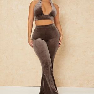 Mocha Velvet Crop Top & Flare Pants Set